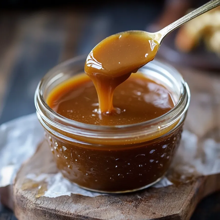 A jar of butterscotch sauce is being poured into a bowl.