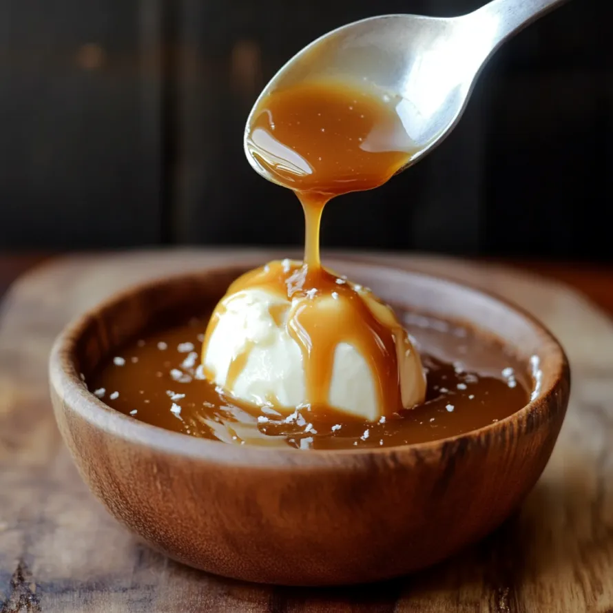 A wooden bowl filled with a delicious dessert, topped with a dollop of butterscotch sauce.