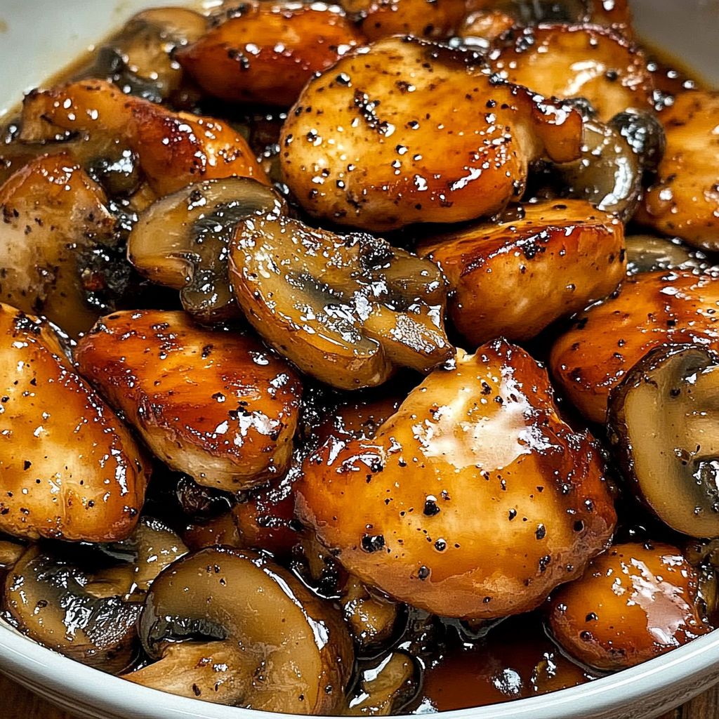 A bowl of chicken with mushrooms and a black pepper sauce.