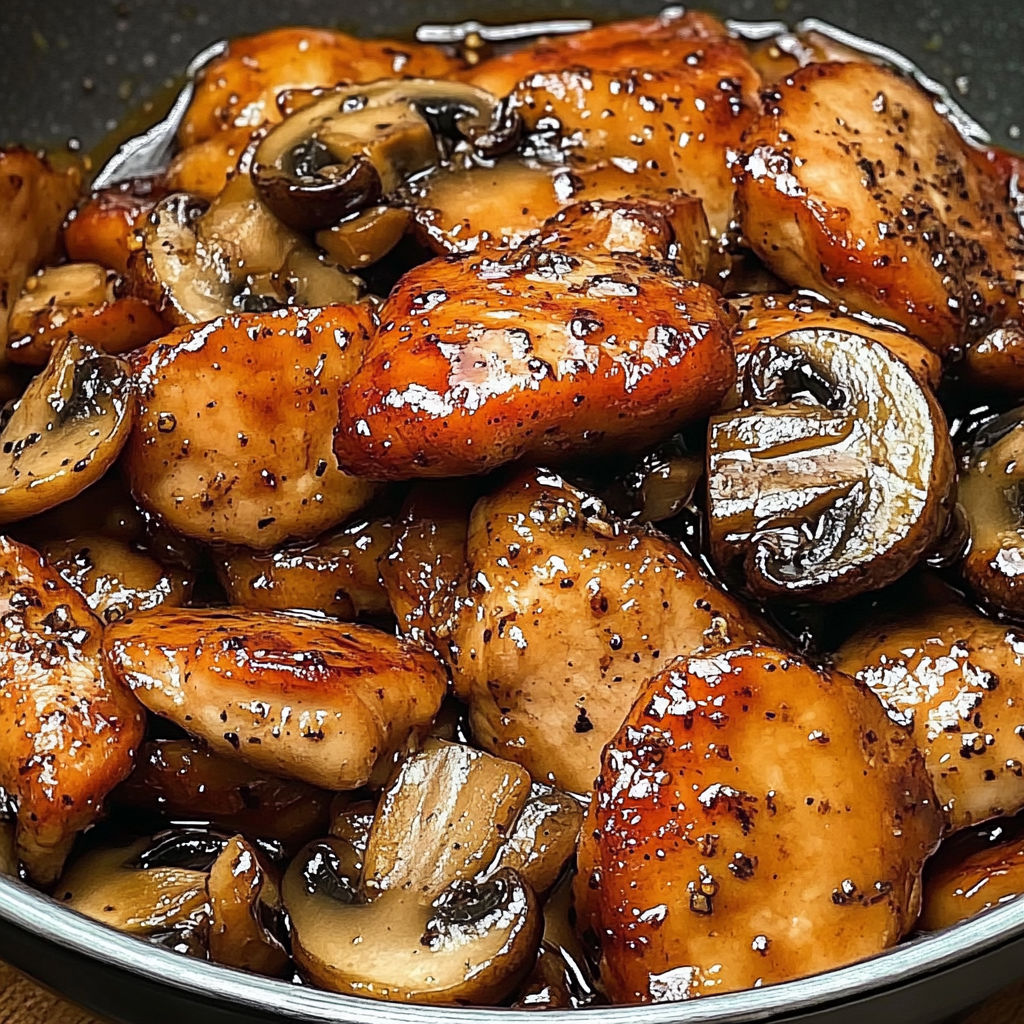 A delicious dish of black pepper chicken with mushrooms, served in a bowl.