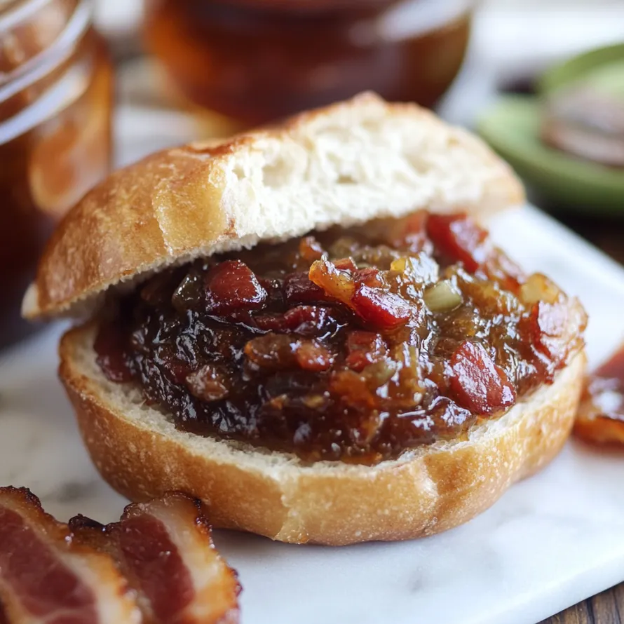 A sandwich with bacon jam on a white plate.
