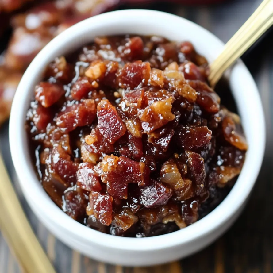 A white bowl filled with a delicious bacon jam.