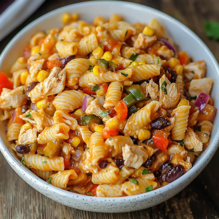 A bowl of BBQ Chicken Pasta Salad is filled with pasta, corn, and various vegetables.