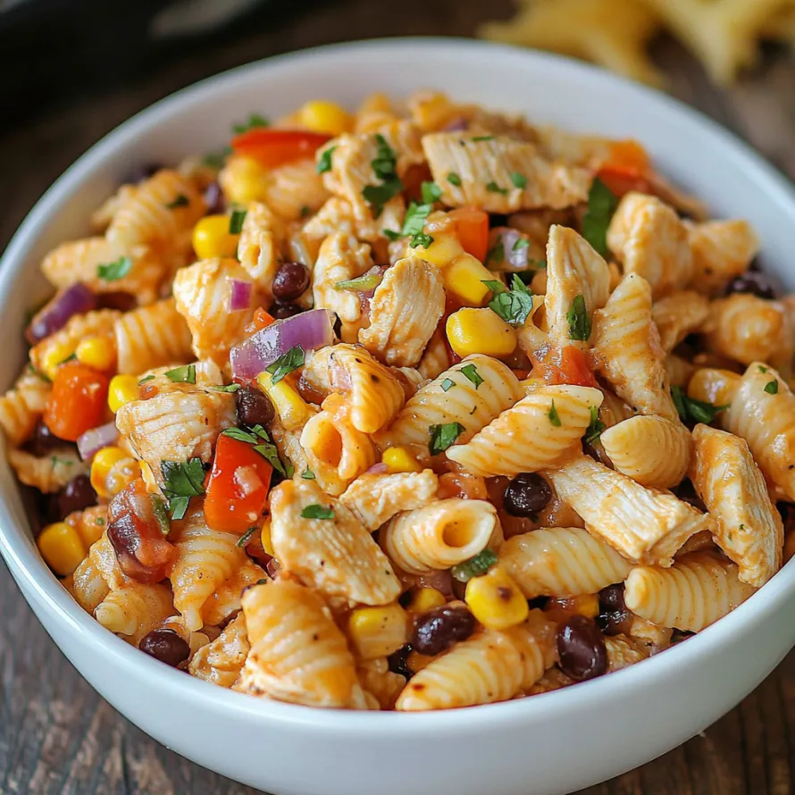 A bowl of BBQ Chicken Pasta Salad is displayed on a table.