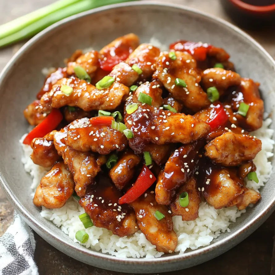 A bowl of Dragon Chicken with rice and peppers.