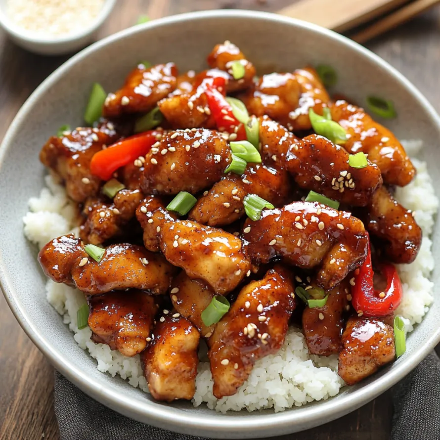 A bowl of Dragon Chicken with rice and peppers.