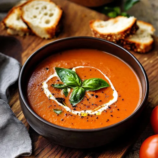 A bowl of Smoky Roasted Tomato Soup with a sprig of basil on top.