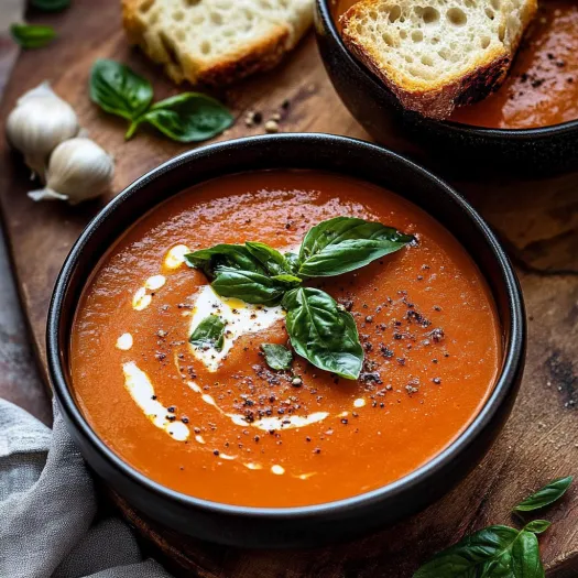 A bowl of Smoky Roasted Tomato Soup with a sprig of basil on top.