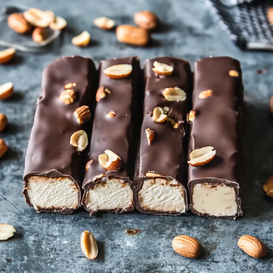 A close up of a delicious homemade Snickers ice cream bar.