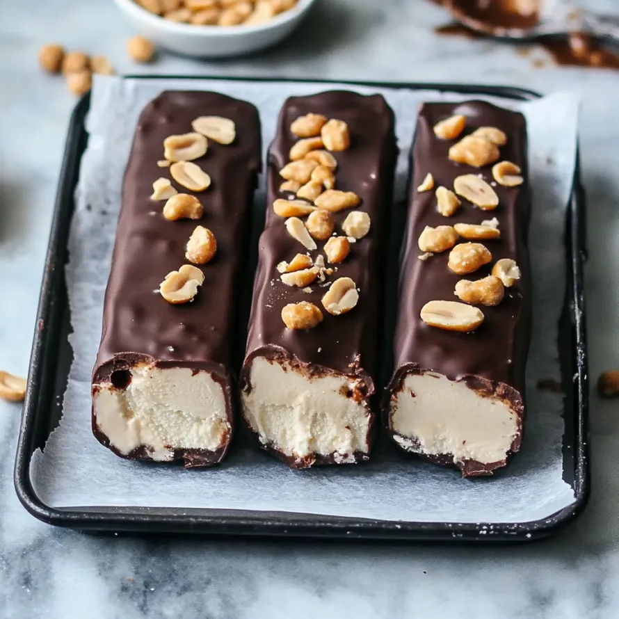 Three homemade Snickers ice cream bars are displayed on a tray.