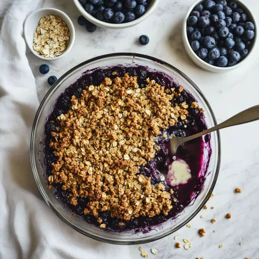 A bowl of crumbly blueberry dessert with a spoon in it.
