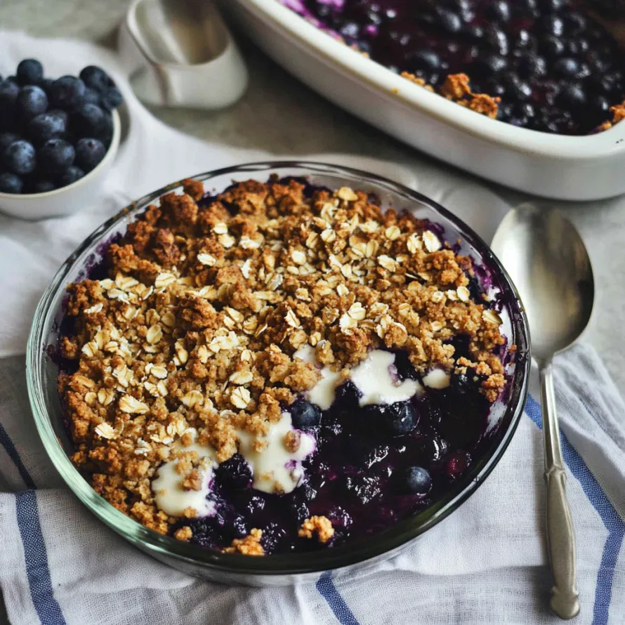 A bowl of delicious blueberry crumble with a spoon resting on top.