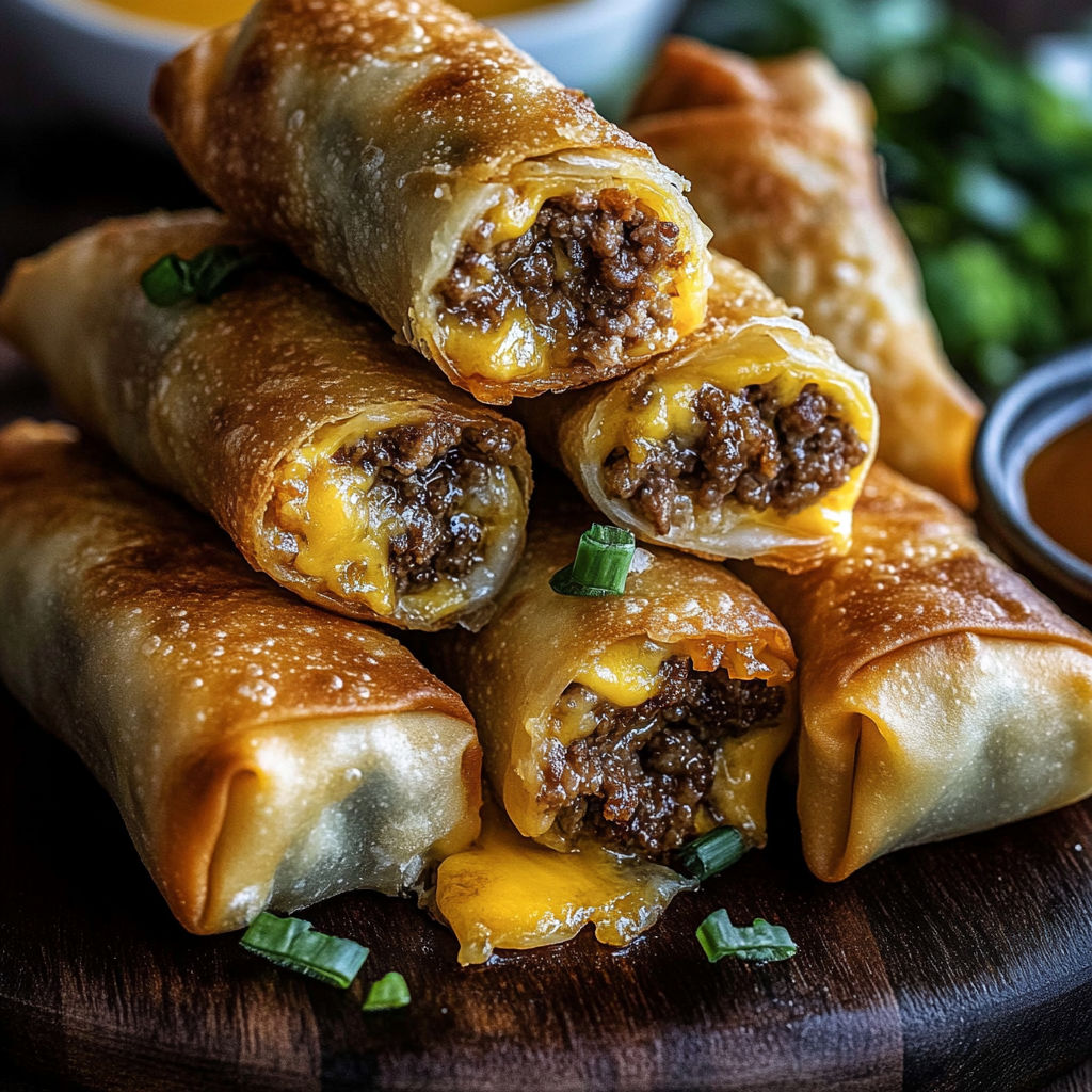 A stack of beef and cheese filled egg rolls on a wooden table.