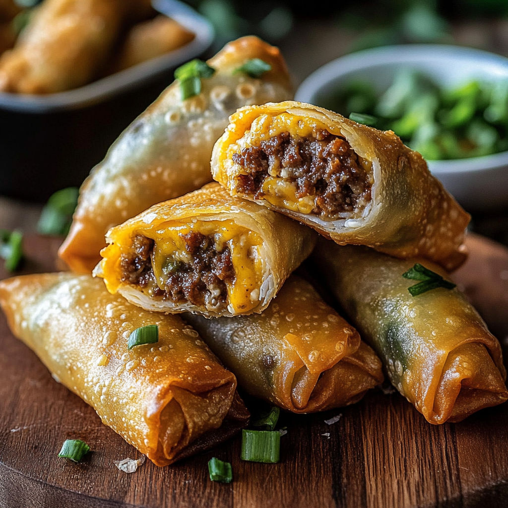 A plate of egg rolls with meat filling and a bowl of green vegetables.