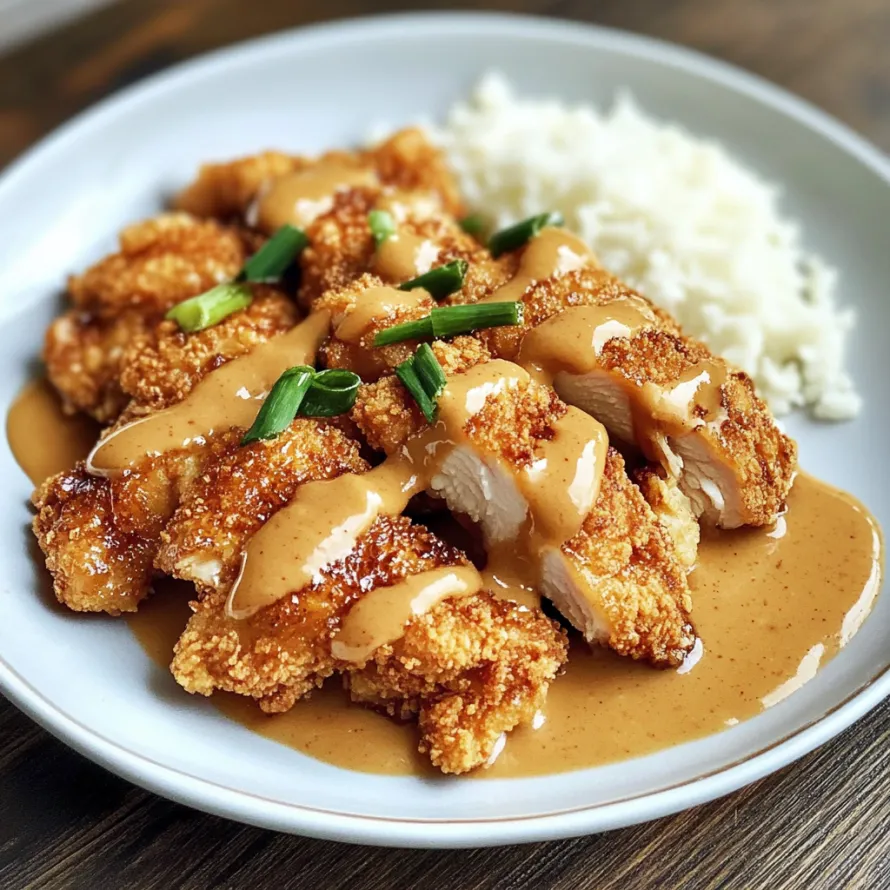 A plate of Chinese Peanut Butter Chicken is served on a wooden table.