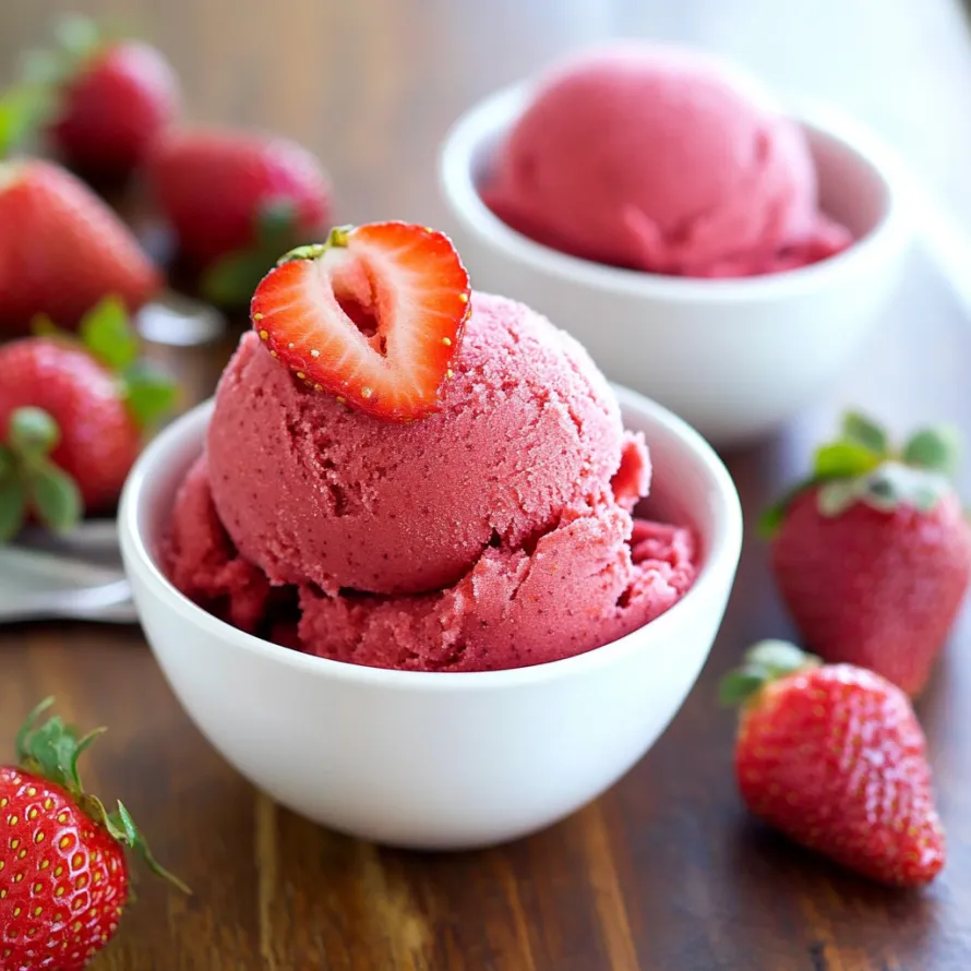 A bowl of strawberry sorbet with a strawberry on top.