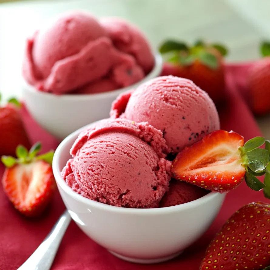 A bowl of strawberry sorbet with a spoon in it.