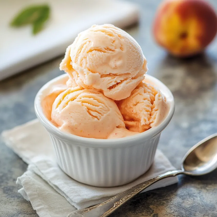 A bowl of Ninja Creami Peach Frozen Yogurt is served on a table.