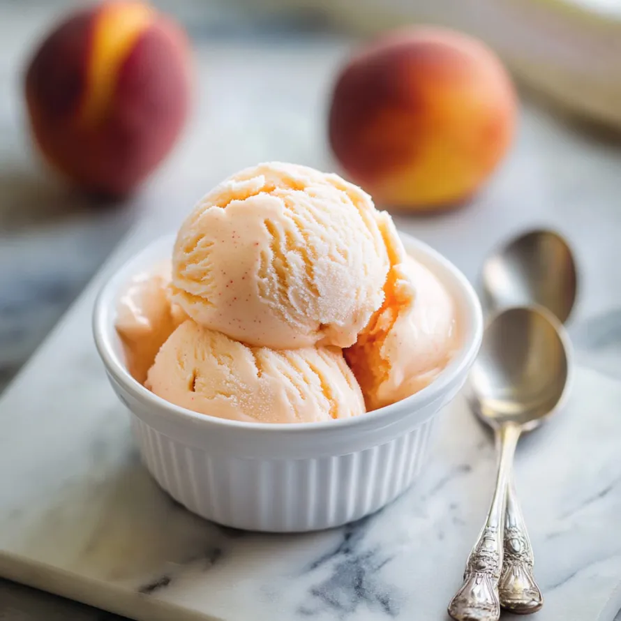 A bowl of Ninja Creami Peach Frozen Yogurt is served on a marble table.