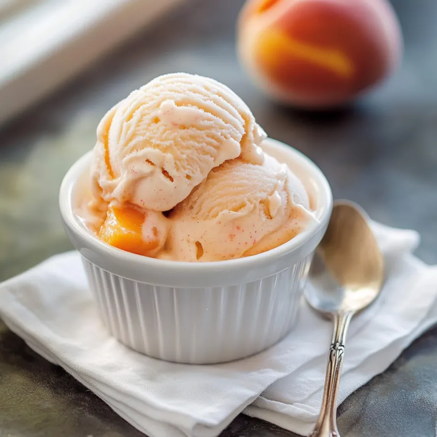 A bowl of Ninja Creami Peach Frozen Yogurt is served in a white bowl.