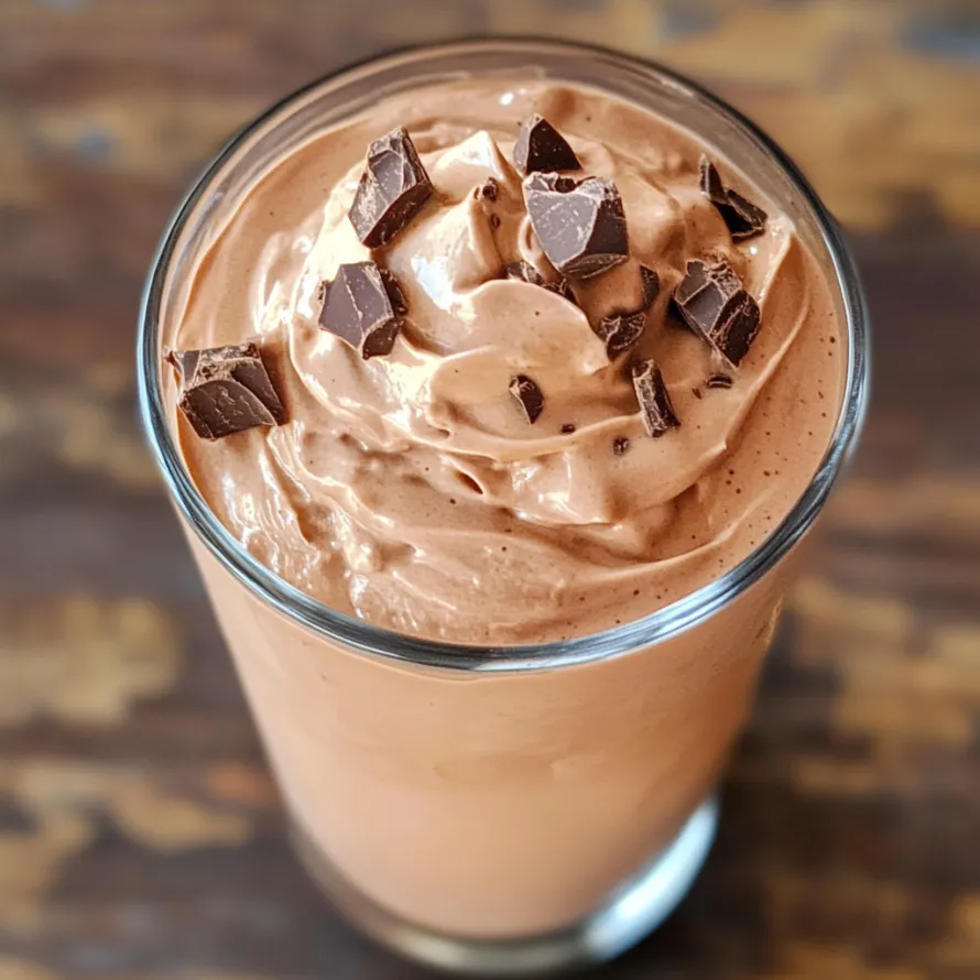 A glass of chocolate frosting with chocolate chips on top.