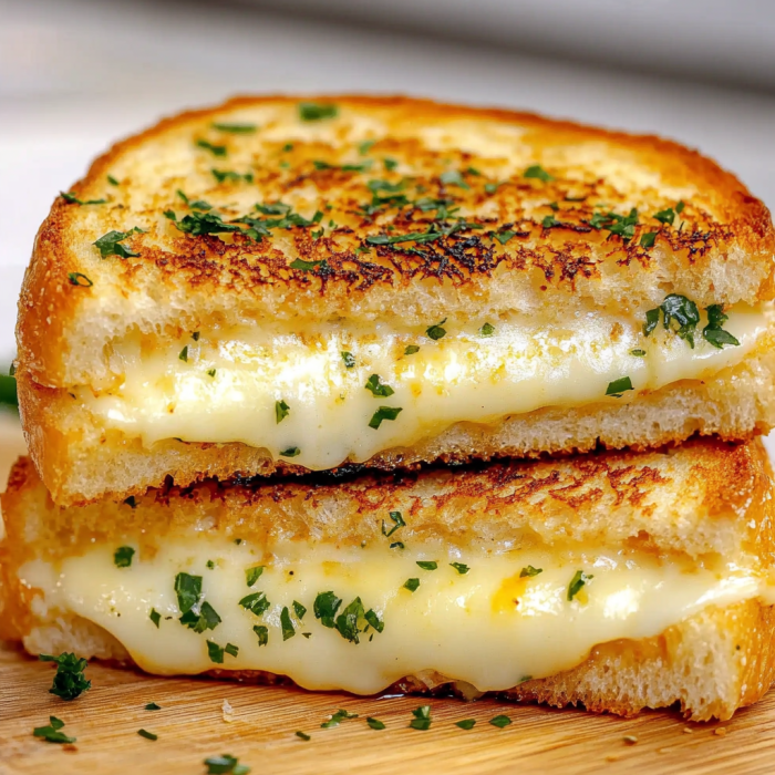 A close up of a grilled cheese sandwich with garlic bread and herbs on top.