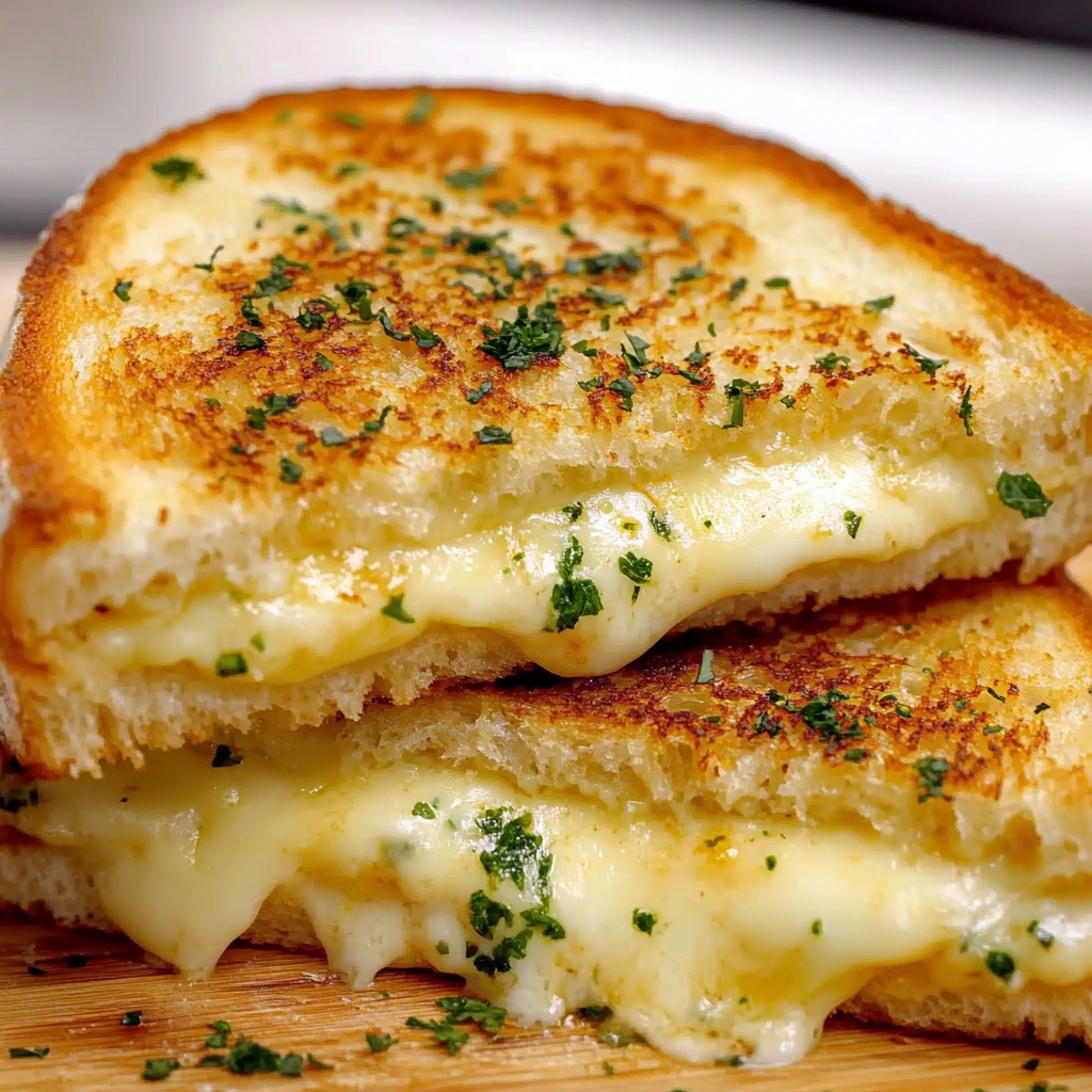 A close-up of a grilled cheese sandwich with herbs on top, ready to be eaten.