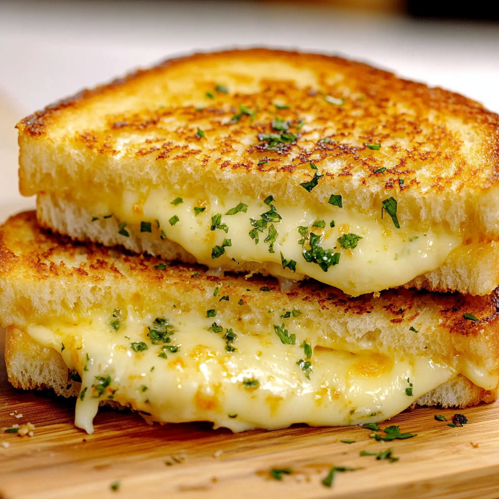 A close up of a grilled cheese sandwich with herbs on a wooden cutting board.