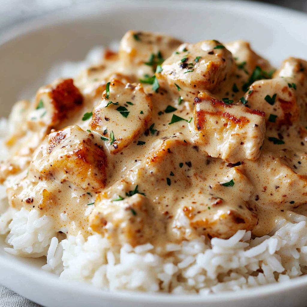 A plate of rice and meat covered in a creamy sauce.