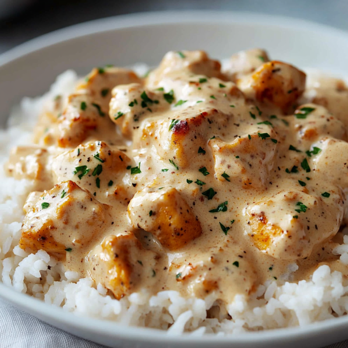 A bowl of rice with a creamy sauce and chicken pieces, possibly a chicken and rice dish.