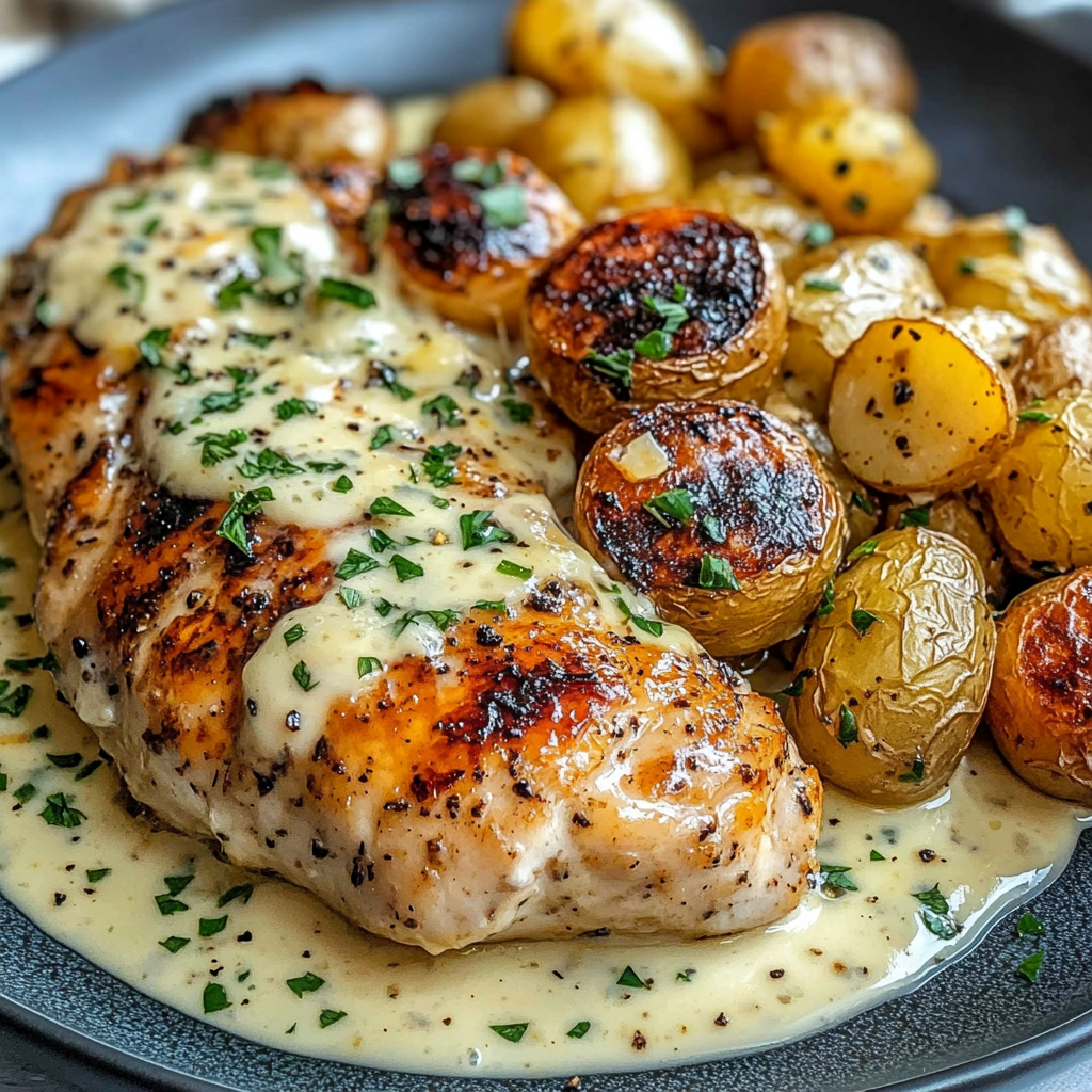 A delicious meal of Creamy Garlic Chicken with Roasted Baby Potatoes.
