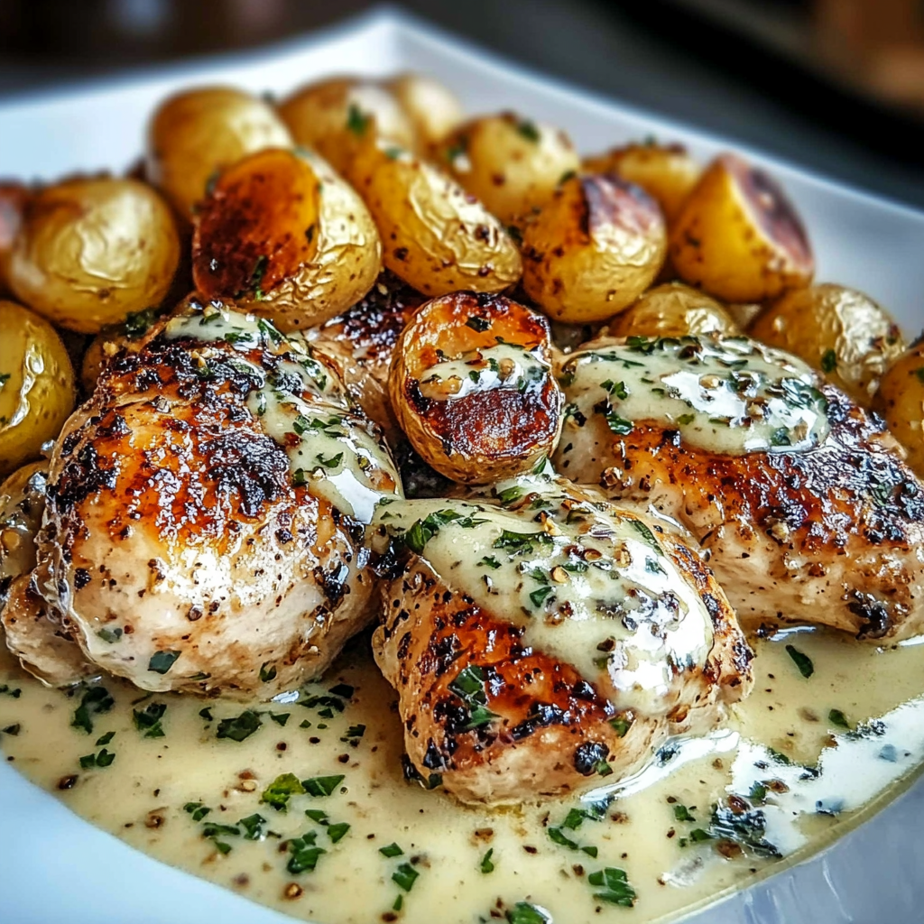 A plate of chicken with potatoes and herbs, possibly a garlic and herb chicken recipe.