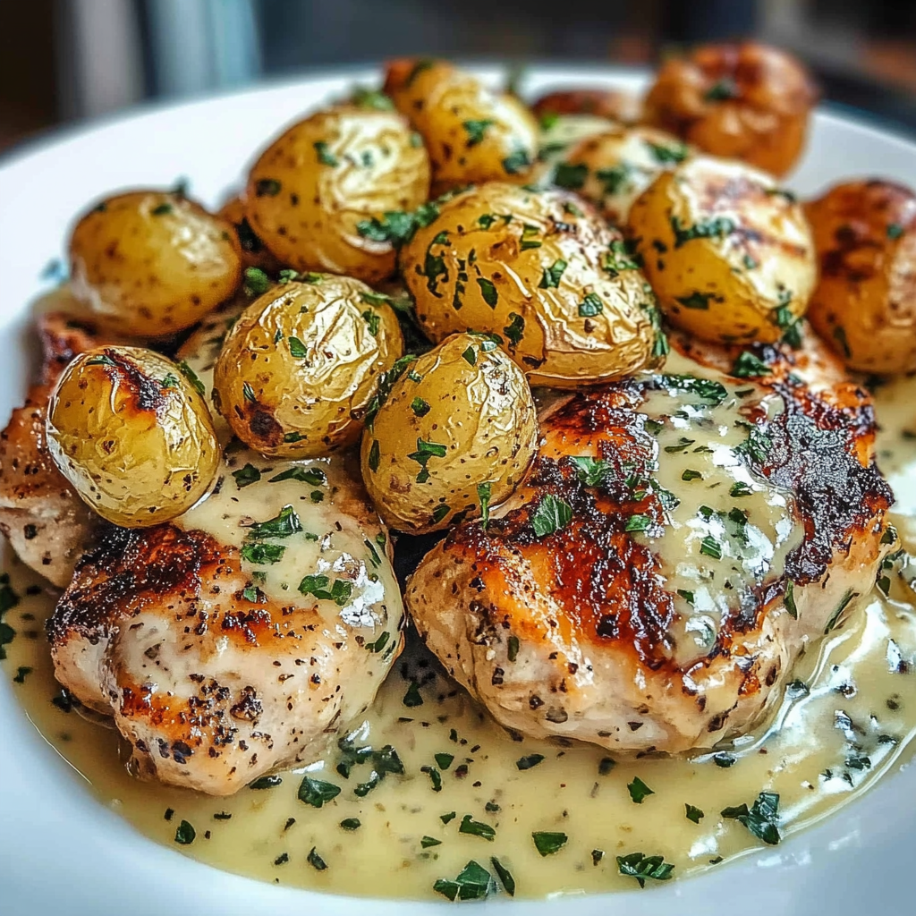A plate of chicken with potatoes and herbs on top.