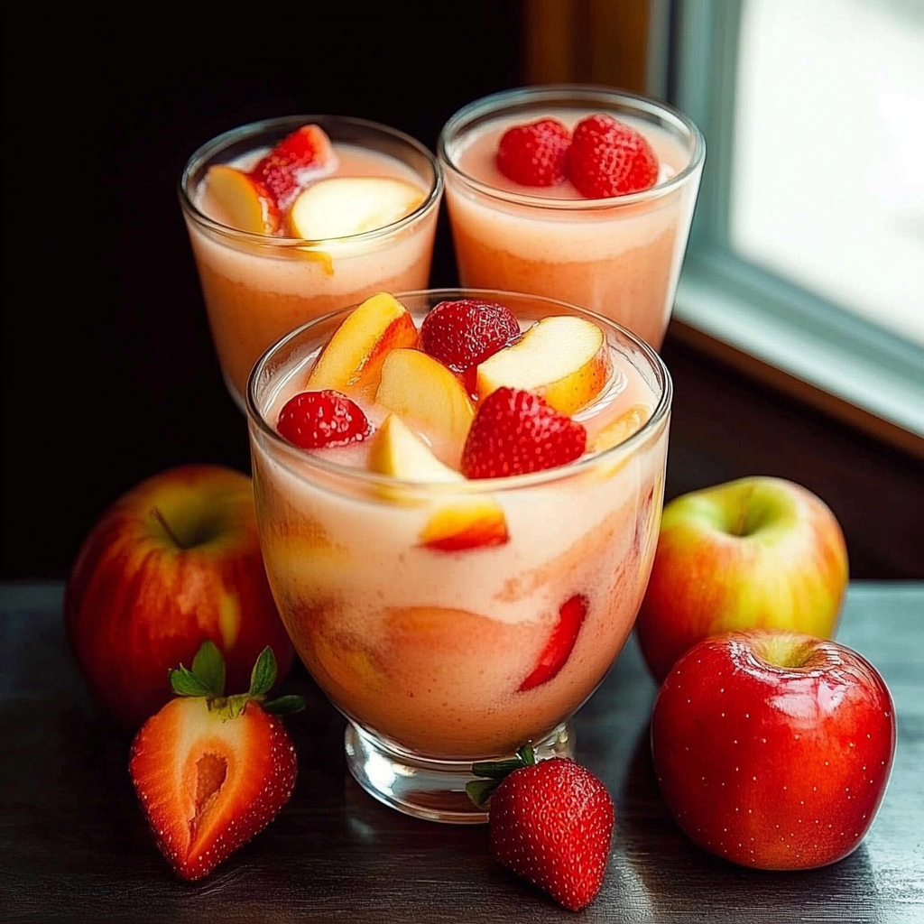 A glass of strawberry and apple juice is served with a slice of apple and a strawberry on the side.