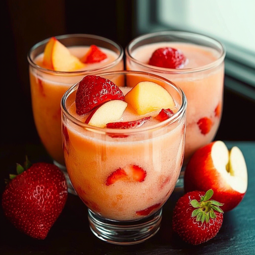 A glass of strawberry and apple juice is served in a clear glass.