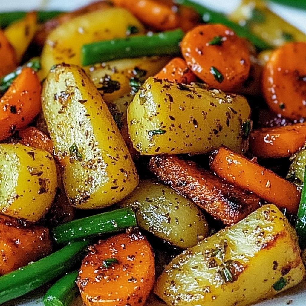 A close up of a dish containing carrots, potatoes, and green beans, with a sprinkle of seasoning.