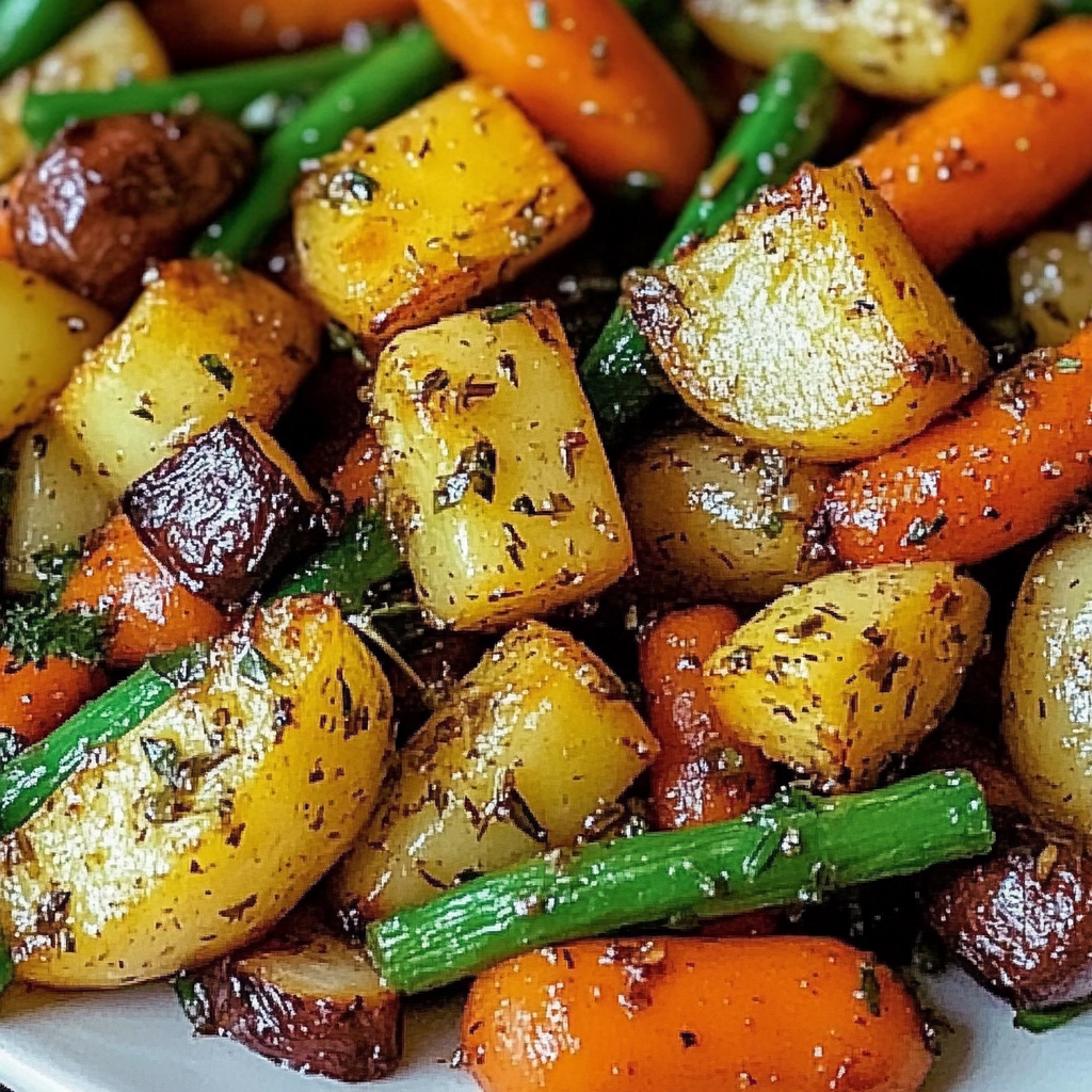 A plate of vegetables, including carrots, potatoes, and green beans, is seasoned with herbs and spices.