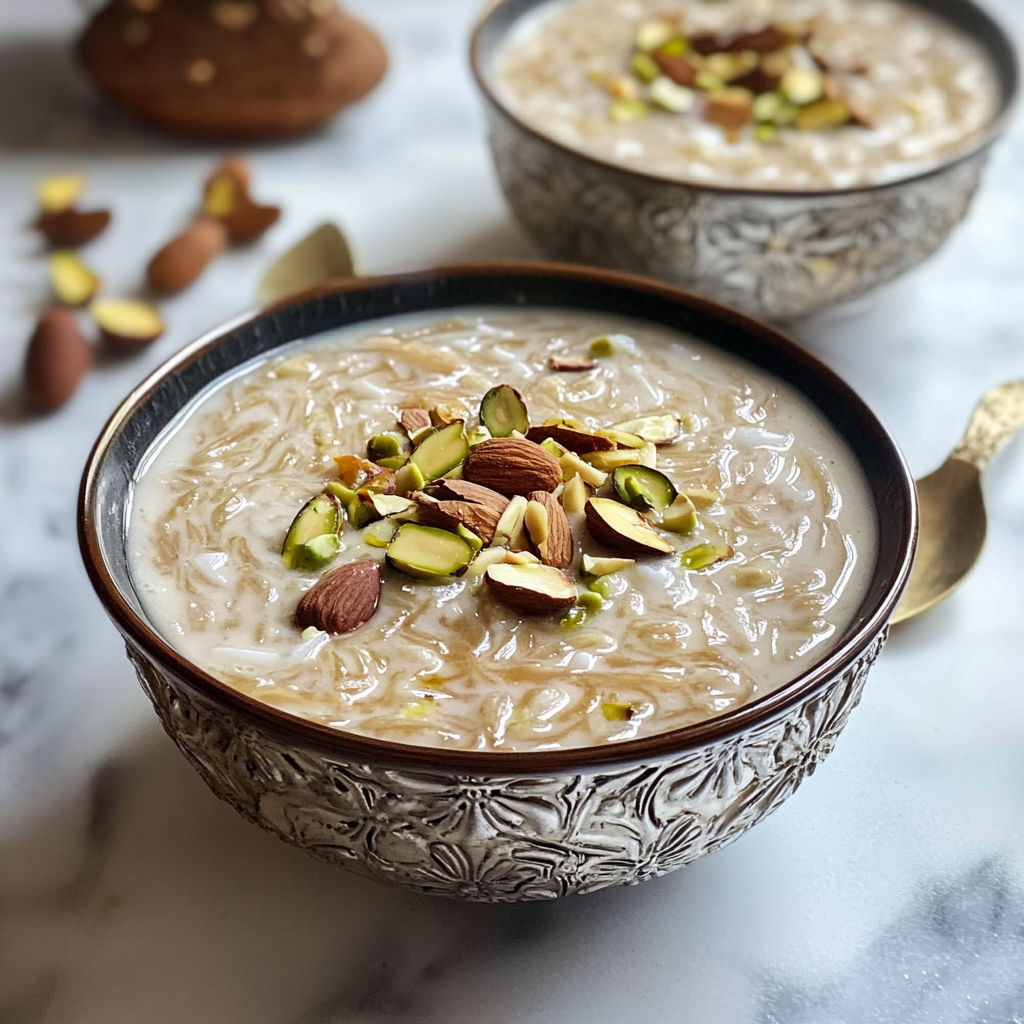 A bowl of Sheer Khurma Recipe is displayed on a table.