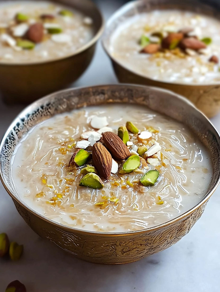 A bowl of Sheer Khurma Recipe, a delicious and nutritious dish made with almonds, raisins, and other ingredients, is presented on a table.