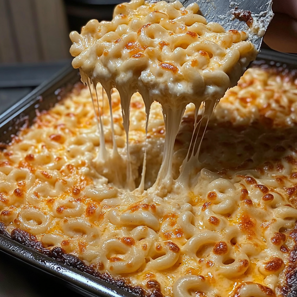 A close up of a cheesy macaroni dish being served in a pan.