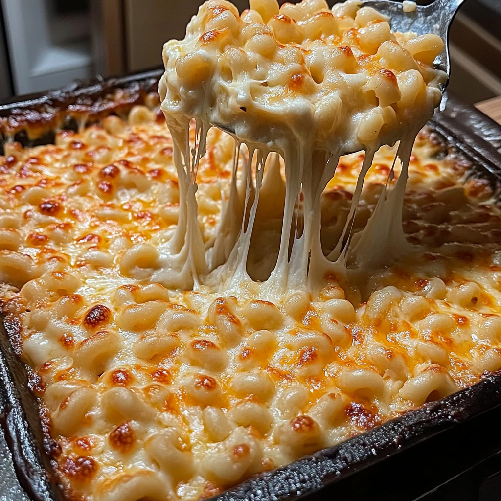 A close up of a delicious macaroni and cheese dish with a fork sticking out of it.