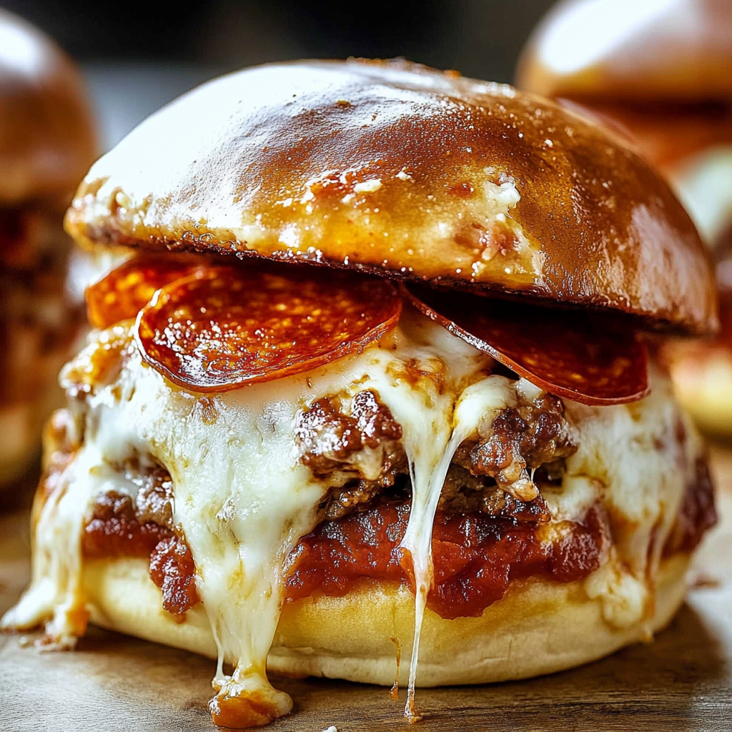 A close up of a pepperoni and cheese sandwich on a wooden table.