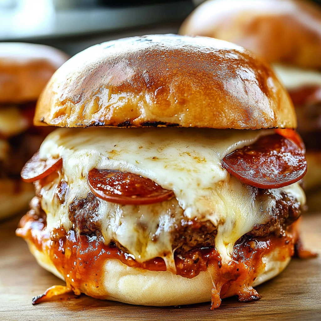 A close up of a pepperoni and cheese sandwich on a wooden table.