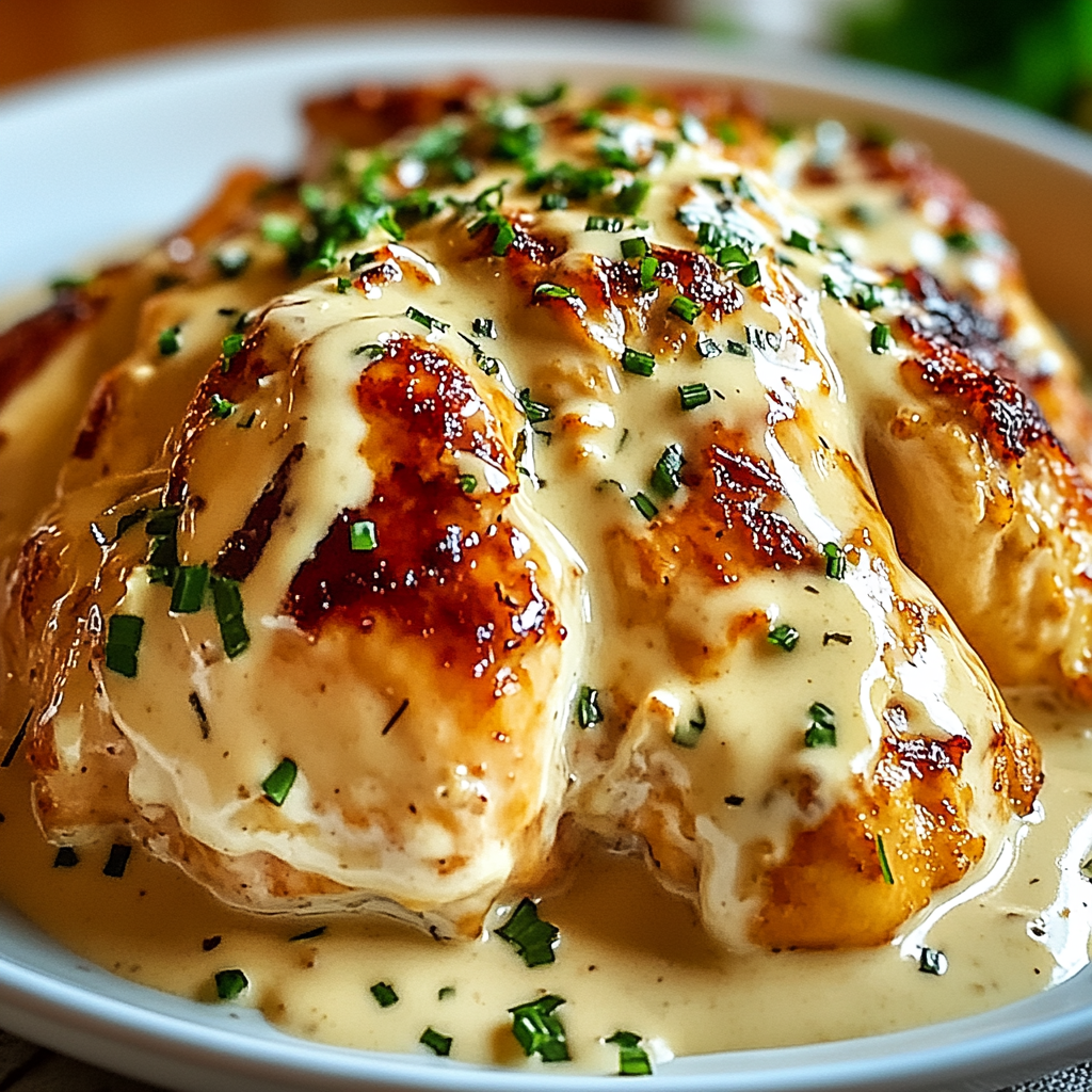 A plate of chicken covered in a creamy sauce, garnished with parsley.