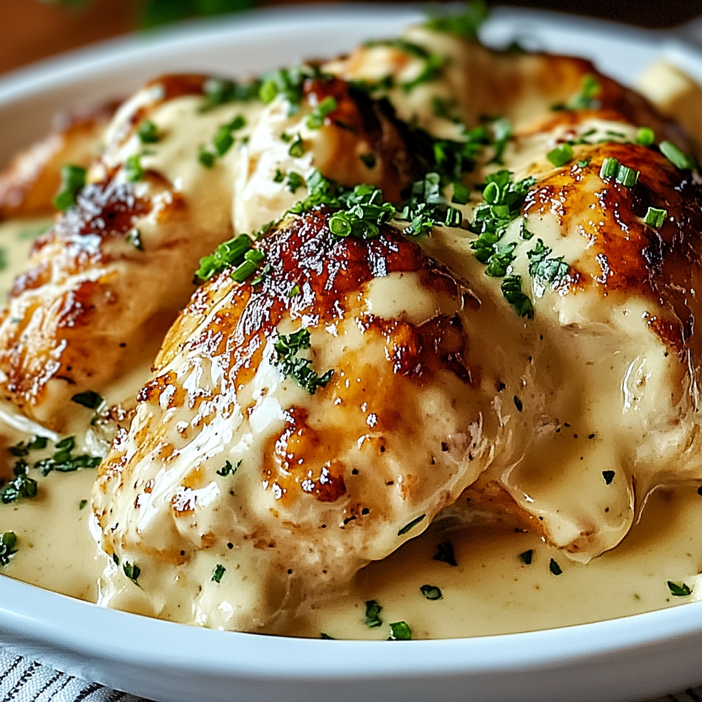 A plate of chicken covered in a creamy sauce, garnished with parsley.