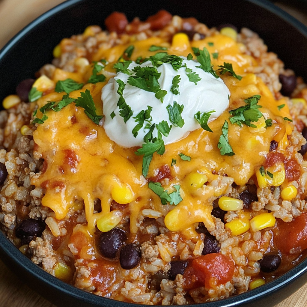 A bowl of Mexican rice with cheese and sour cream on top.