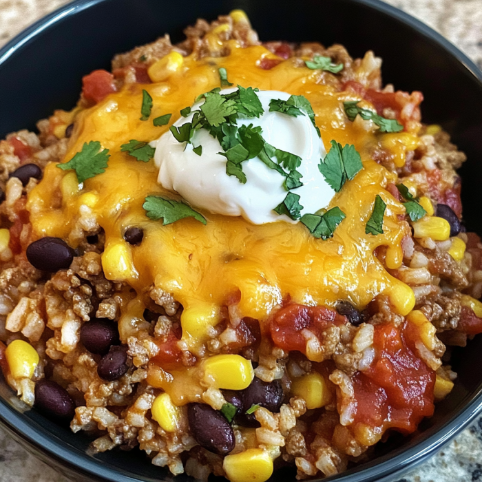 A bowl of Mexican chili with a dollop of sour cream on top.