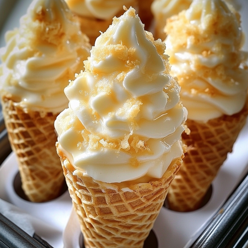 Banana Pudding Cheesecake Cones Recipe: A close-up of a delicious dessert with a yellow and white swirl.