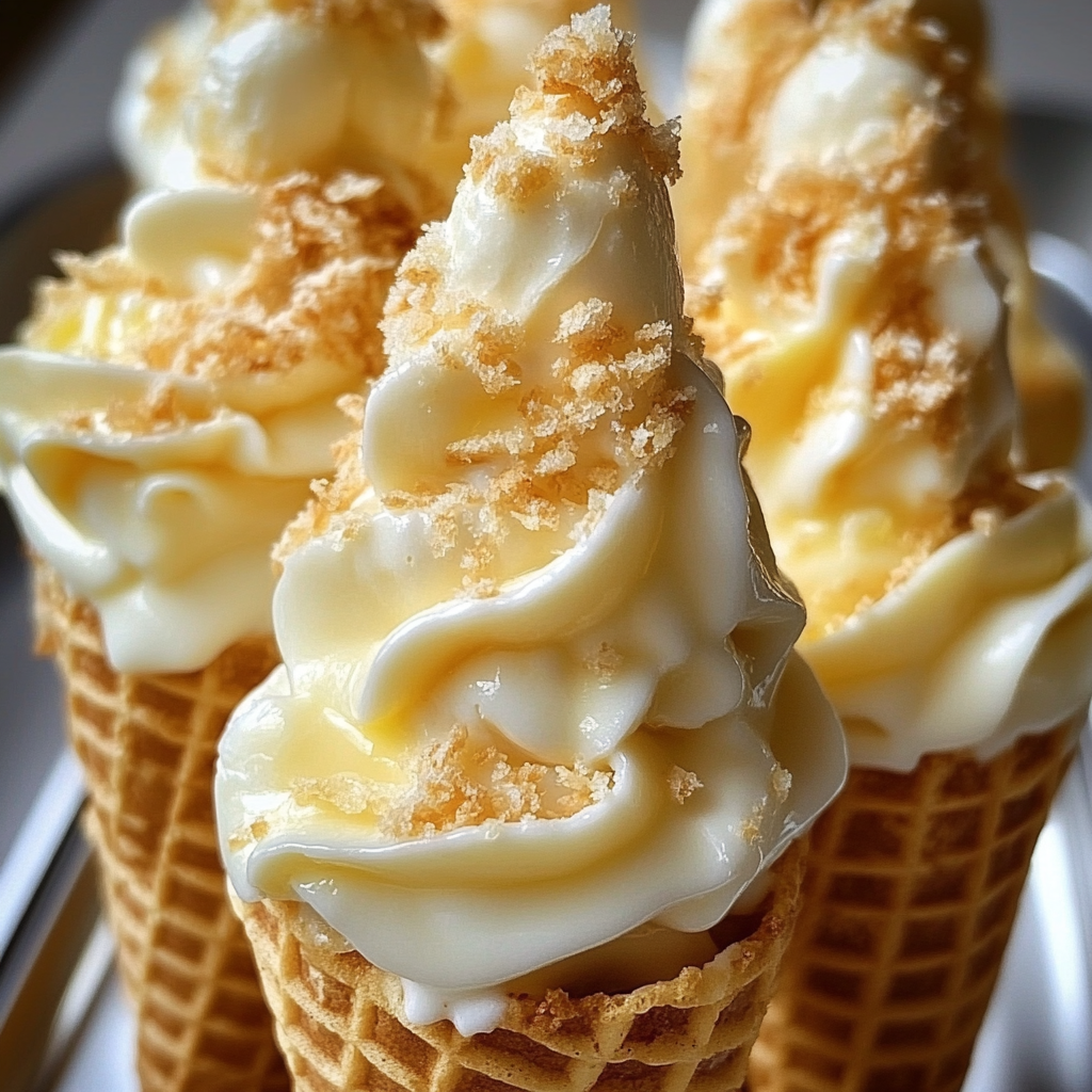 Three scoops of Banana Pudding Cheesecake Cones Recipe.