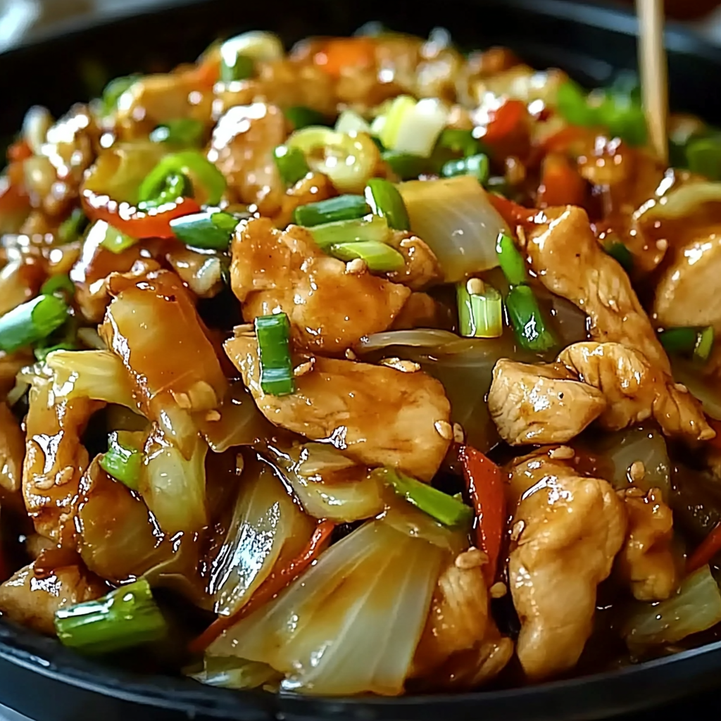 A bowl of stir fry with chicken, peppers, and onions.